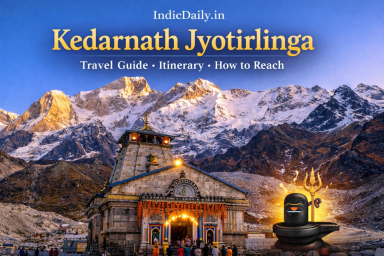 Kedarnath Jyotirlinga Temple surrounded by snow-clad Himalayan mountains in Uttarakhand