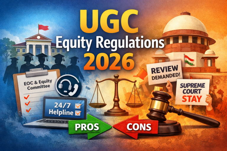 Illustration showing UGC Equity Regulations 2026 with university students, Equal Opportunity Centre, 24/7 helpline icons, pros and cons arrows, and the Supreme Court building indicating stay on new UGC rules
