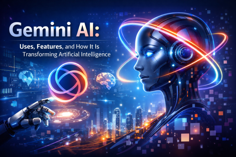 Gemini AI featured image showing a futuristic artificial intelligence interface, highlighting uses, features, and AI transformation.