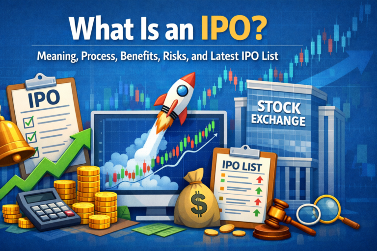 Illustration explaining what an IPO is, showing stock market chart, IPO checklist, stock exchange building, and latest IPO list for beginners.
