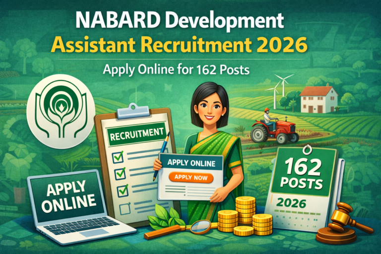NABARD Development Assistant Recruitment 2026 featured image showing apply online process, 162 vacancies, and agriculture-themed visuals