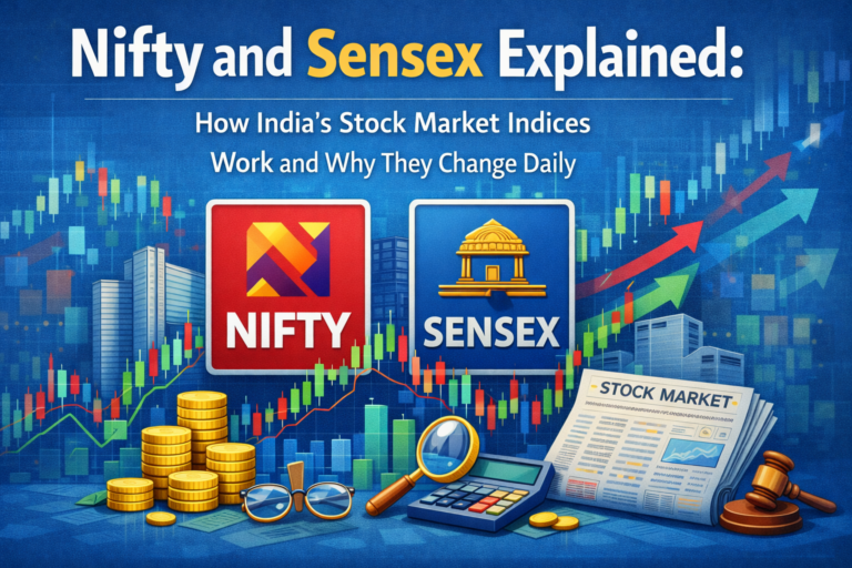 Nifty and Sensex explained with stock market charts, financial symbols, and Indian stock exchange buildings showing how market indices change daily