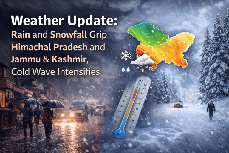 Weather update showing rain in Himachal Pradesh and snowfall in Jammu and Kashmir as cold wave intensifies.