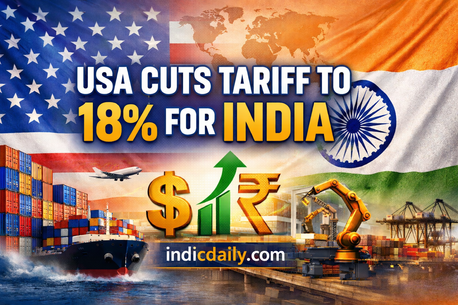 Featured image showing USA cutting import tariff to 18% for India, with US and Indian flags, cargo ship, containers, trade symbols, and indicdaily.com branding.