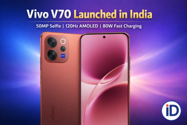 Vivo V70 launched in India featured image showing front and back design with 50MP selfie camera, 120Hz AMOLED display and IndicDaily logo at bottom right.