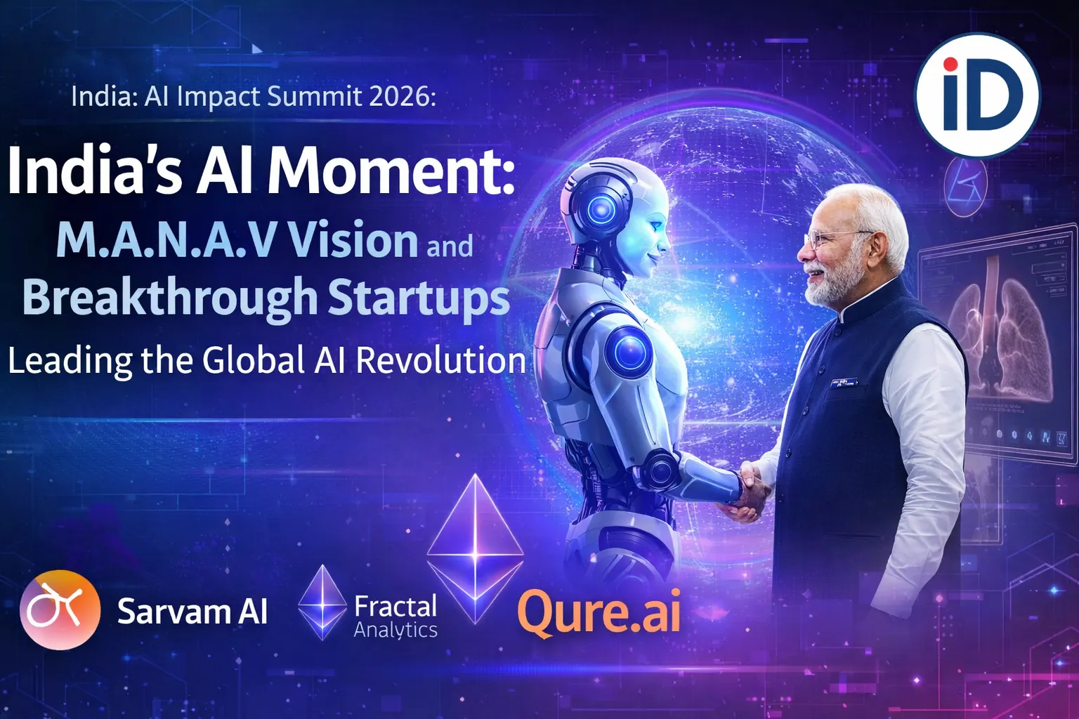 India AI Impact Summit 2026 featured image showing Prime Minister Narendra Modi shaking hands with a futuristic robot, highlighting M.A.N.A.V Vision and leading Indian AI startups.
