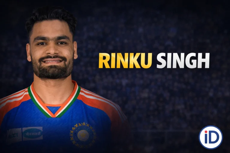 Rinku Singh portrait in India jersey with dark premium background for biography article