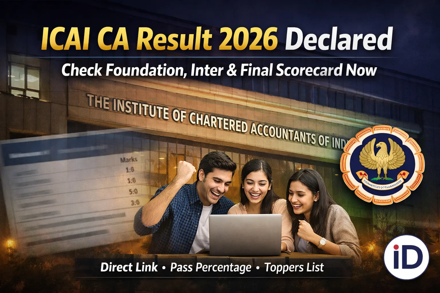 ICAI CA Result 2026 declared for Foundation, Intermediate and Final exams – students checking scorecard online