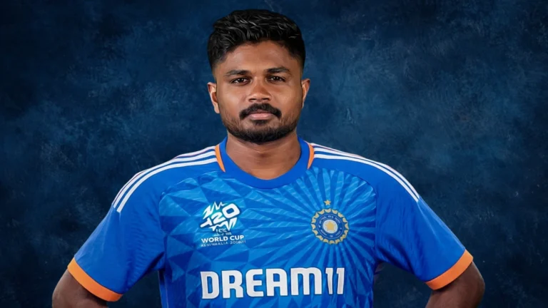Sanju Samson Indian cricketer portrait in India jersey – net worth 2026