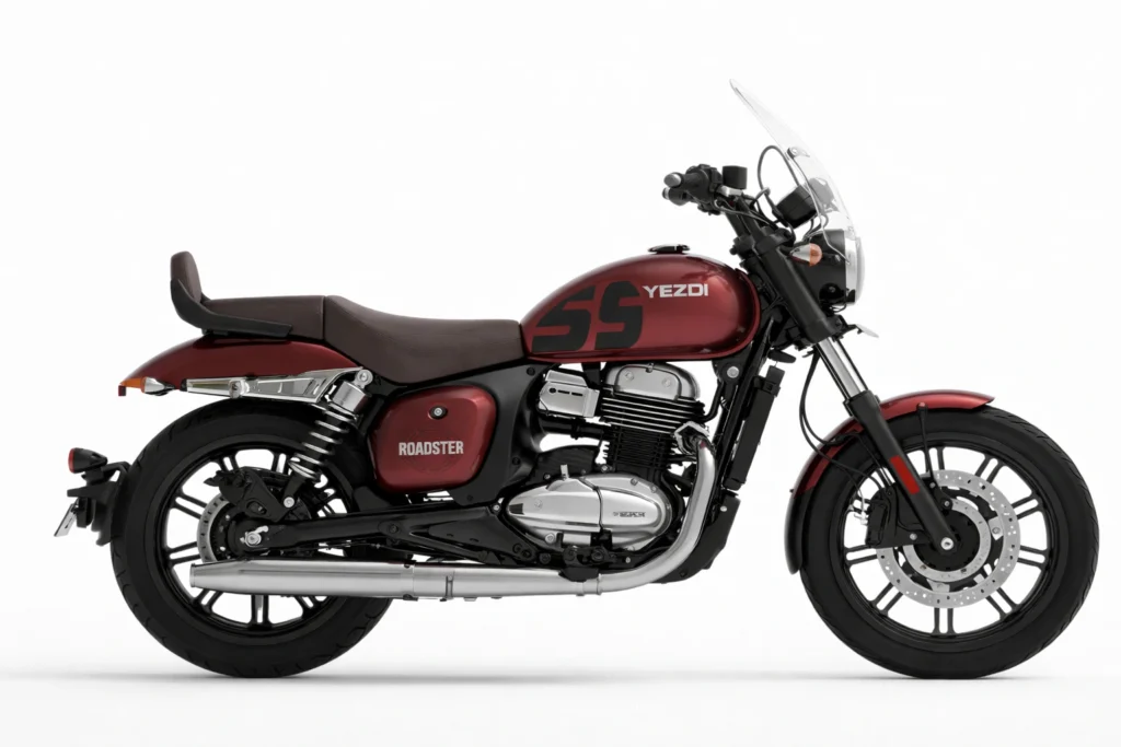 Side profile of Yezdi Roadster Red Wolf Special Edition 2026 in metallic red with 334cc engine and dual-channel ABS