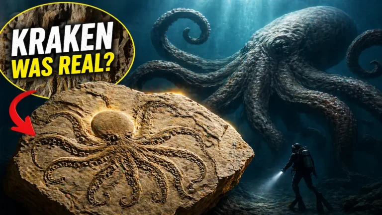 Giant octopus fossil discovery featured image showing Kraken-like sea monster, ancient fossil rock, and underwater science news concept