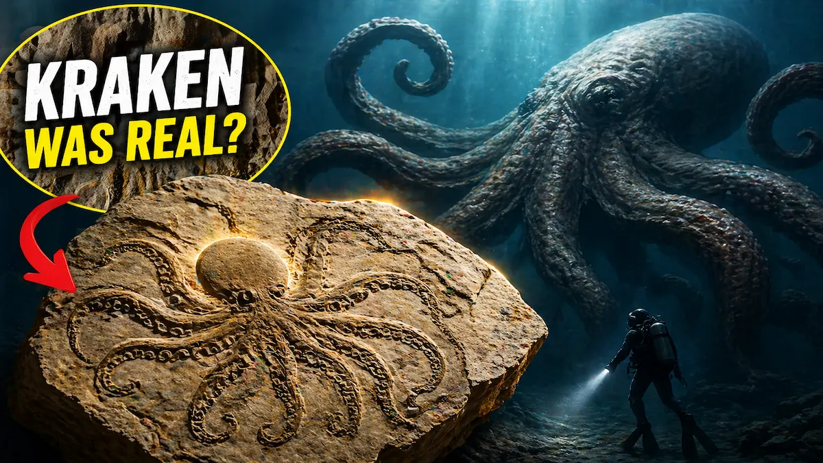 Giant octopus fossil discovery featured image showing Kraken-like sea monster, ancient fossil rock, and underwater science news concept