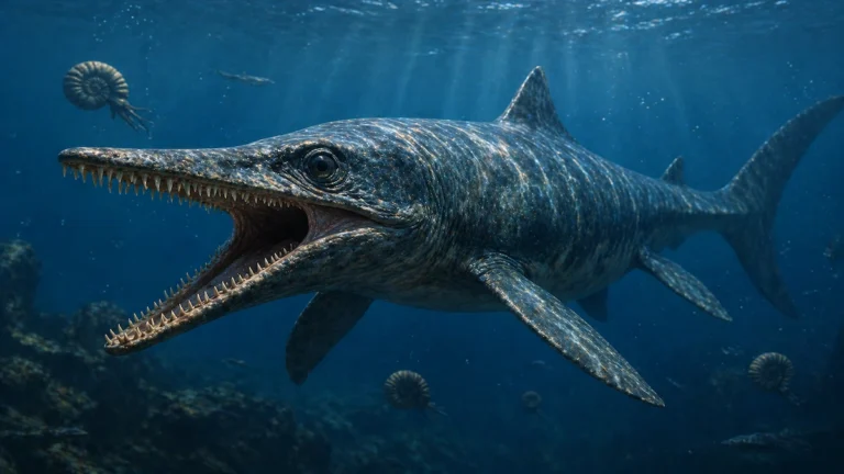 180-million-year-old ichthyosaur swimming underwater with sharp teeth visible in prehistoric ocean environment