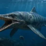 180-million-year-old ichthyosaur swimming underwater with sharp teeth visible in prehistoric ocean environment
