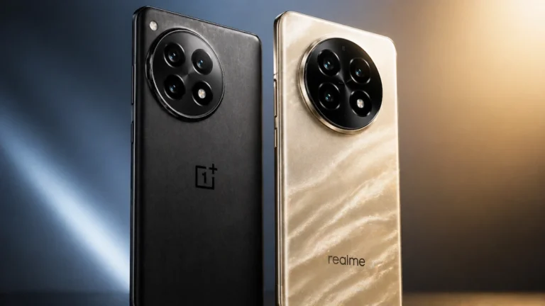 OnePlus and Realme smartphones shown from backside highlighting brand logos and premium design in studio lighting