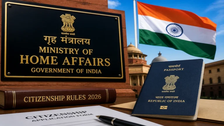 Ministry of Home Affairs India board with Indian passport and citizenship rules 2026 concept