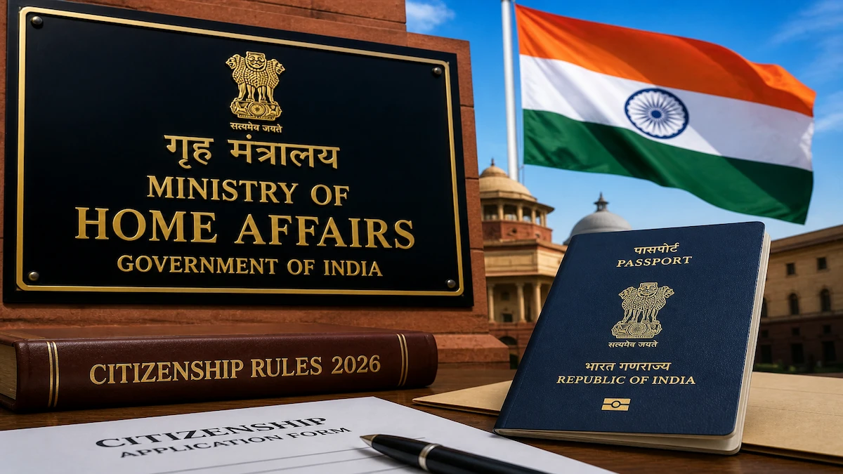 Ministry of Home Affairs India board with Indian passport and citizenship rules 2026 concept